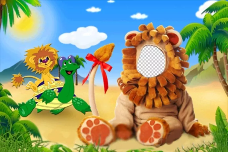 Fotomontagem de uma fantasia de leão para crianças onde você pode editar com sua foto ..