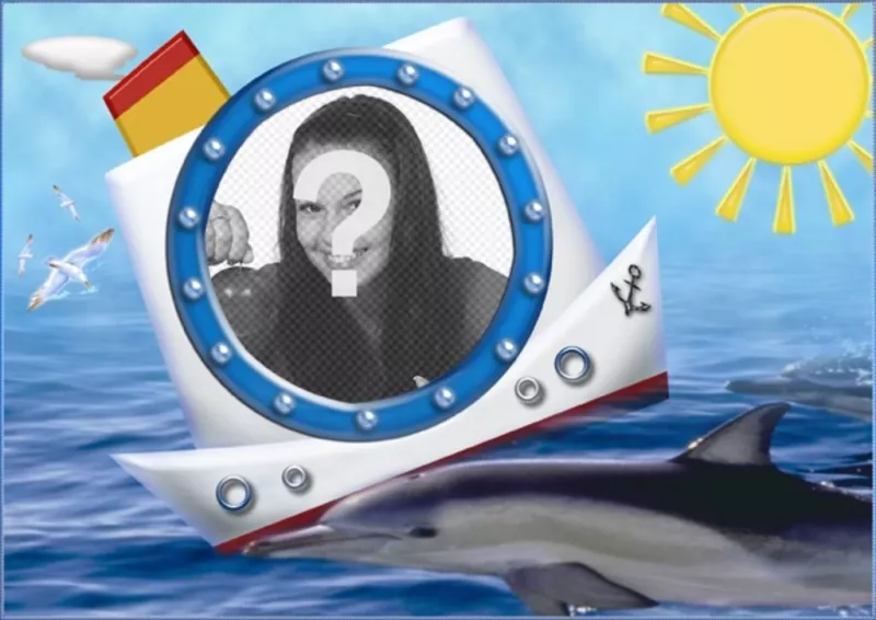 Photo frame, golfinho barco eo mar. Para colocar suas fotos de..