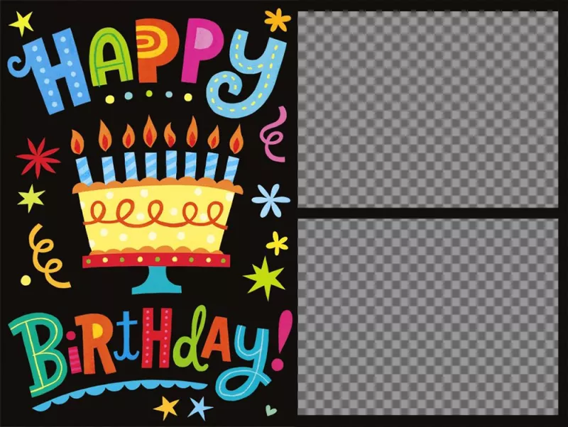 Muito colorido cartão de aniversário para editar com duas fotos para o efeito Photo ..