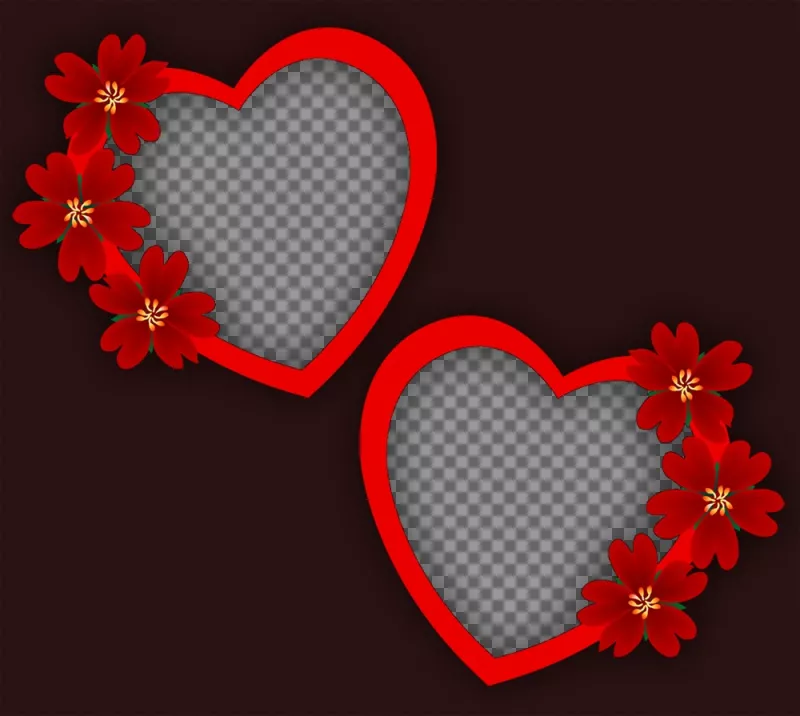 Fotomontagem de amor com dois quadros de corações e flores para duas fotos ..