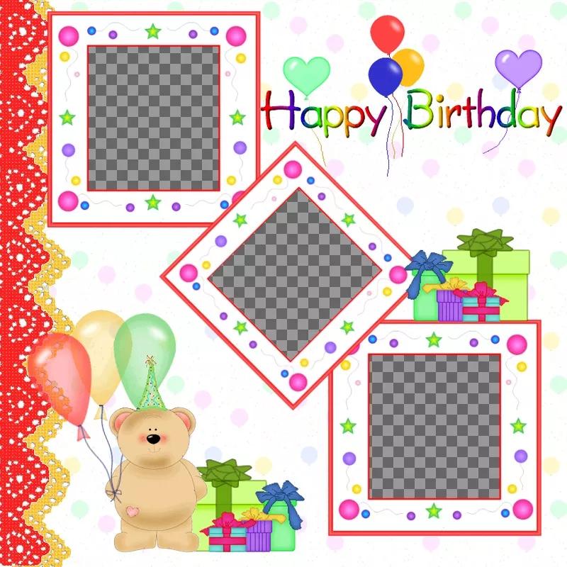 Cartão postal / cartão de aniversário para 3 fotos com balões e presentes ursinho de..