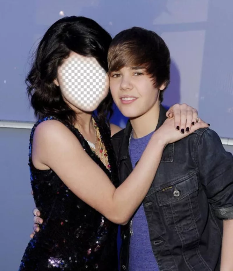 Fotomontagem de Justin Bieber com uma menina para colocar o seu rosto. ..