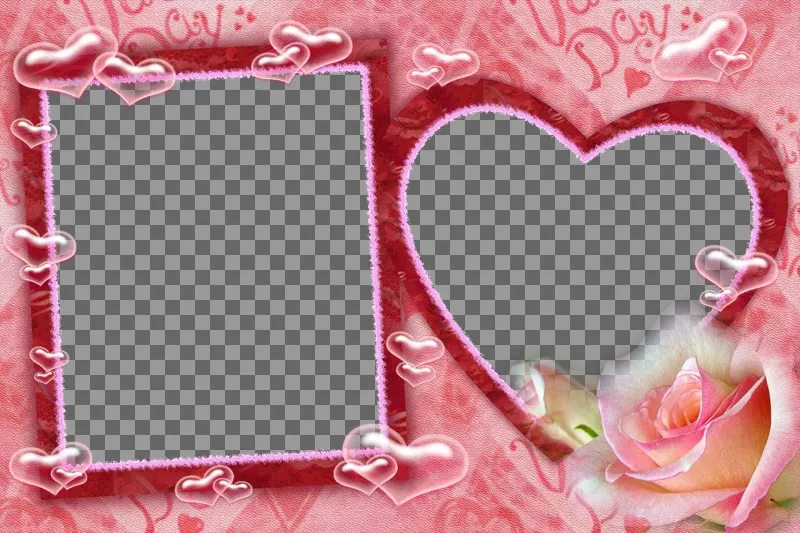 Moldura para duas fotos, um quadrado e otra em forma de coração, corações de fundo, rosa e bolhas. Ideal para Dia dos..