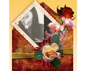 frame da foto com fundo laranja e decorada com rosas