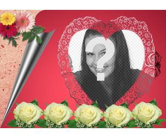 fotomontagem constituido uma rosa romantico na sua foto aparece em um quadro em forma coracão acompanhado flores e papel embrulho ideal amantes enviar e-mail desta valentine
