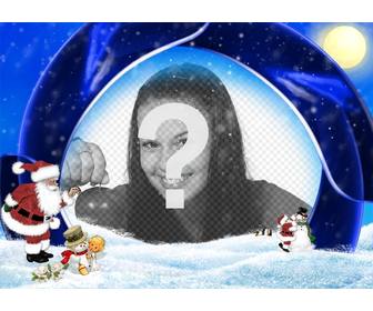 cartão natal azul e neve na qual voce pode inserir sua foto estão o papai noel um menino e bonecos neve