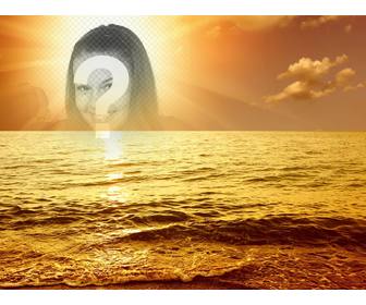 fotomontagem com um do sol marino onde cara cortada ou imagem aparece centro do sol banhado em uma luz brilhante dourada um mar com ondas