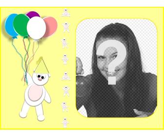 cartão aniversario amarela personalizada com sua foto com um ursinho pelucia e balões