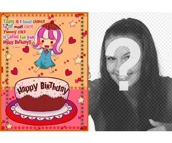 cartão aniversario criancas com uma foto uma menina com um bolo coracões e estrelas