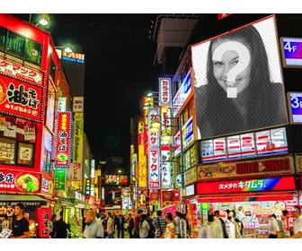 fotomontagem em voce pode colocar sua foto em um sinal neon construcão uma cidade japão