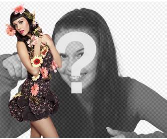 fotomontagem com cantora katy perry com flores e estilo pinup com vestido preto e cabelo preto com estrondo