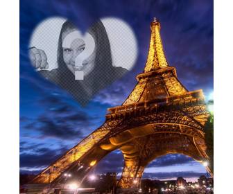 fotomontagem em paris com torre eiffel iluminada e um coracão lightframe forma semitransparente ceu colocar sua foto