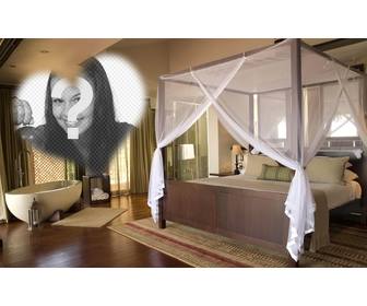 fotomontagem em um hotel romantico com uma bela cama e banho quarto e uma moldura em forma coracão colocar sua foto