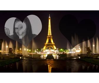 fotomontagem com torre eiffel iluminada em paris e dois coracões onde colocar as suas fotos