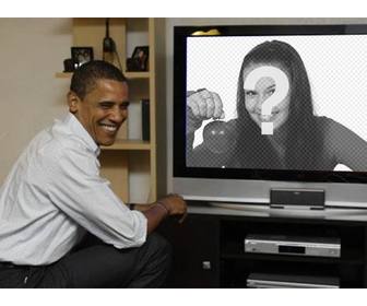 fotomontagem colocar barack obama com sua foto onde o presidente aparece em uma televisão ao lado dela