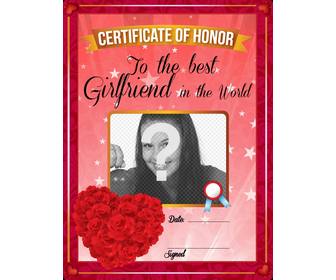 certificado melhor namorada do mundo com rosas vermelhas em forma coracão personalizar com uma foto