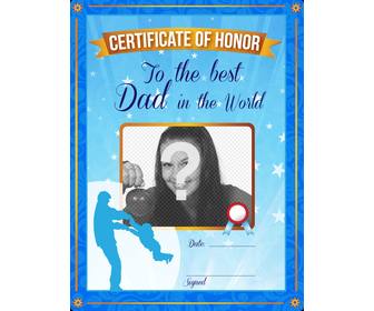 certificado honra ao melhor pai do mundo um certificado azul personalizado com uma foto e texto