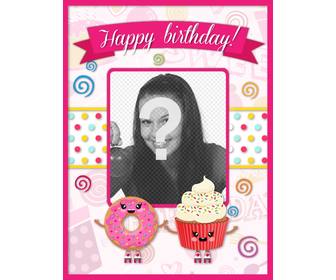 cartão aniversario customizavel decorado com desenhos kawaii rosa e bolinhos com um sorriso rosto