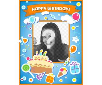 cartão aniversario felicitar o aniversario e colocar uma imagem online com um bolo balões e presentes com efeito adesivo