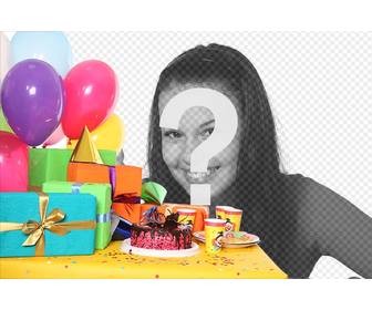 cartão aniversario com uma festa com presentes balões e um bolo adicionar uma foto e texto