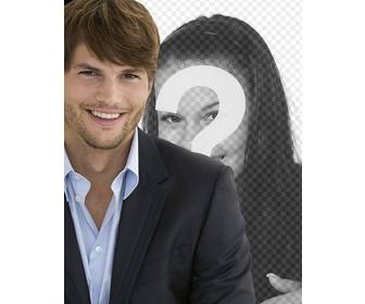 fotomontagem com ashton kutcher em um terno com barba fazer e cabelo curto ter uma foto com ele