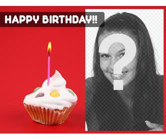 criar um cartão aniversario com foto deseja com um fundo vermelho e um queque com uma vela em um lado