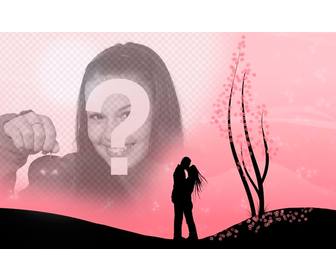 cria uma montagem romantica com imagem um casal beijando em uma paisagem com flores rosa ea imagem voce enviar online