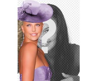 criar fotomontagens com charlize theron gala vestidos com um vestido roxo e um chapeu combinando ao seu lado