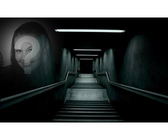 criar uma colagem aterrorizante com imagem uma escada escura e duas fotografias lado