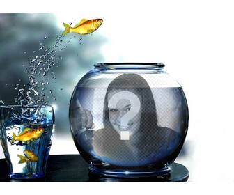 criar uma fotomontagem com um tanque cheio agua com peixes amarelos saltam um copo onde voce vai colocar uma imagem