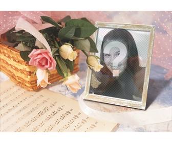 quadro fotos on-line onde voce pode colocar sua foto em um porta-retrato com uma cesta rosas e uma partitura