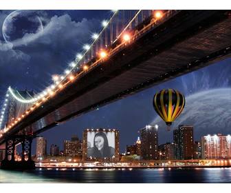 fotomontagem em um cartaz um predio ao lado um balão e uma ponte
