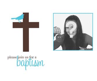 cartão com passaro cruz e azul um convite do batismo