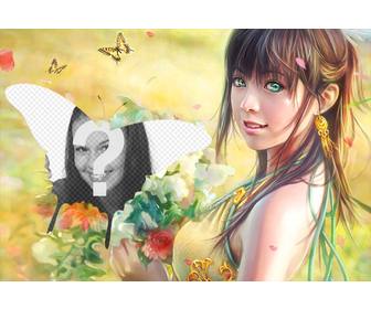 colagem com borboletas e um desenho uma menina colhendo flores campo