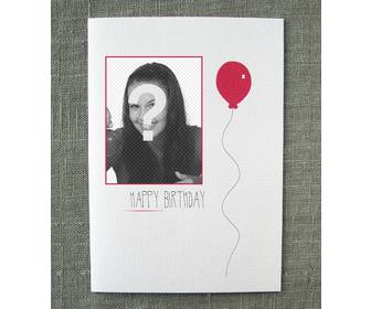 cartão do aniversario simples com um balão vermelho com sua foto