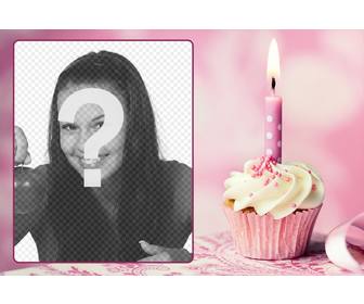 zip aniversario cor rosa enquadrado fotos e um queque com uma vela
