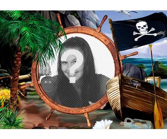 composicão com uma bandeira pirata um navio e tesouros colocar sua foto em um leme docks