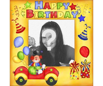 cartão aniversario feliz com palhaco e balões