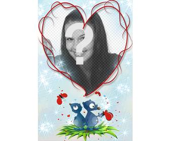 heart-shaped moldura e fundo azul com dois animais coracões e borboletas grande lembrar amantes dia namorados