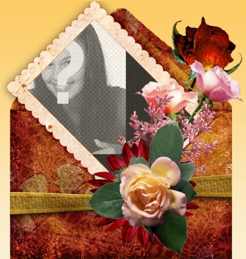 Frame da foto com fundo laranja e decorada com rosas ..