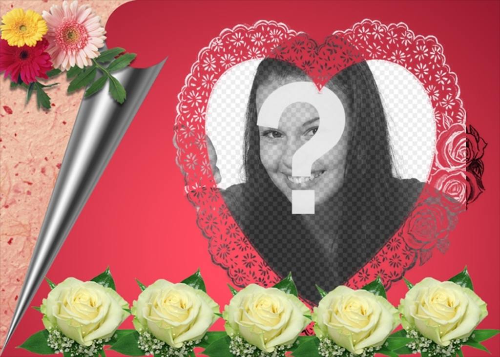 Fotomontagem constituído por uma rosa romântico na sua foto aparece em um quadro em forma de coração acompanhado de flores e papel de embrulho. Ideal para os amantes. Para enviar e-mail desta..