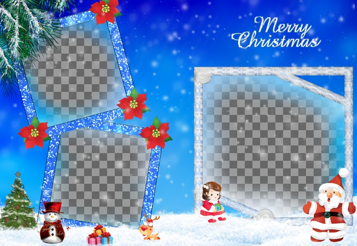 Cartão de Natal em que incluem três fotografias. Refere-se aos presentes de Papai Noel e mostra a árvore de Natal, um boneco de neve e quadros azuis com efeito purpurina adornado com plantas..