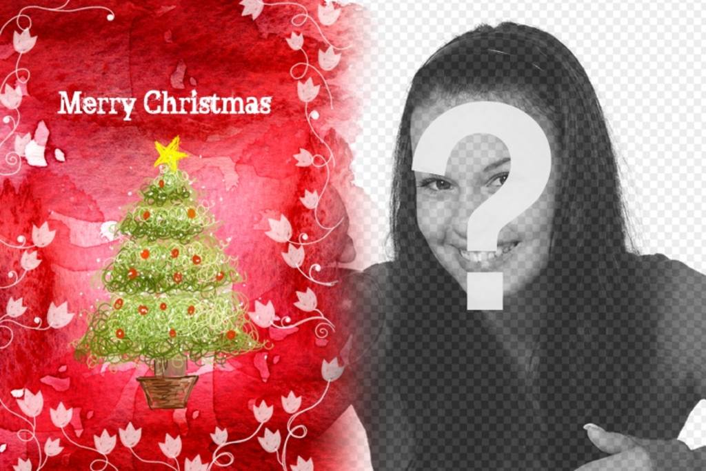 Congratula-se com os feriados com este quadro de imagem de fundo vermelho, que mostra uma árvore de Natal e vinha em..