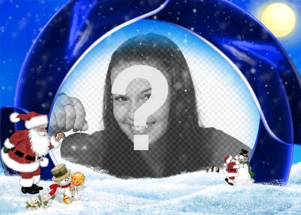 Cartão de Natal azul e neve na qual voce pode inserir sua foto, estão o Papai Noel, um menino e bonecos de..