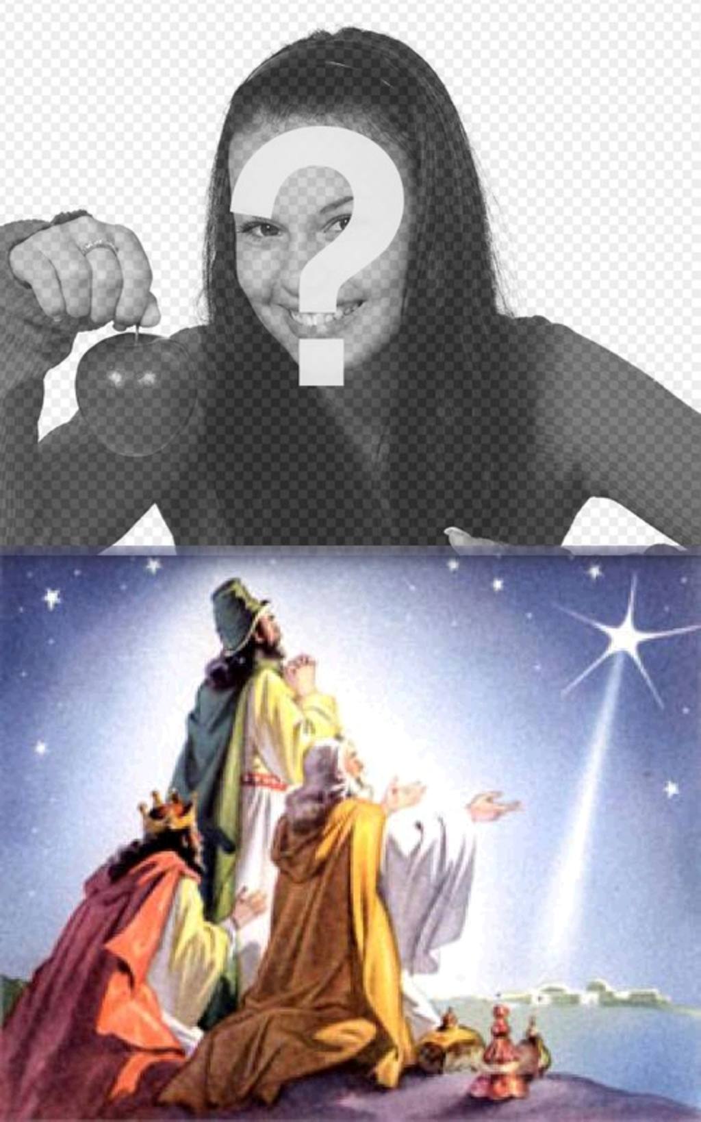 Cartão de Natal dos três reis magos do Oriente, com suas ofertas próximas a Belém, seguindo a estrela que marcou os Jesús.Podemos criança colocar uma foto de nossa escolha. Felicita as férias com..