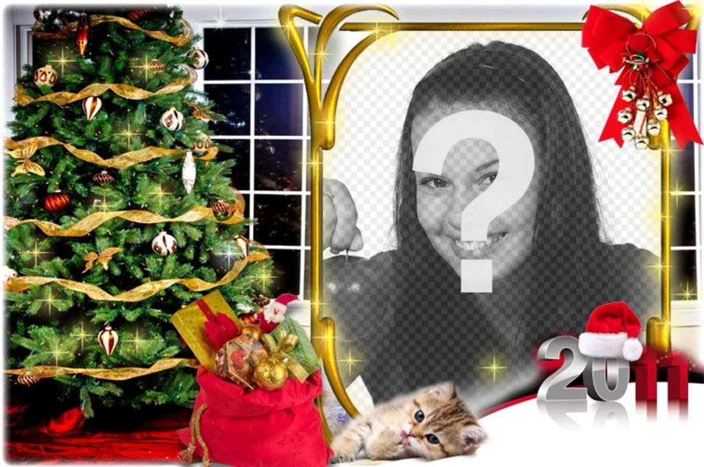 Cartão de Natal em que sua foto aparece em uma moldura de ouro com um grupo fita vermelha e um dos sinos. Sua foto aparece dentro de uma casa no Natal, com a árvore eo saco de presentes e um pequeno gato deitado à sua imagem, ao lado de um 2011 em prata e vermelho, com um..