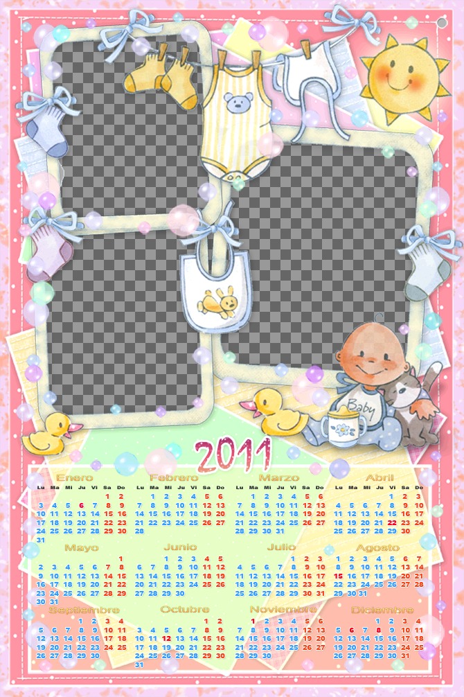 calendário customizável com 3 fotos de 2011. Especialmente para o bebé, pelo de-rosa. Veja um vestido azul-bebê e roupas infantis pendurado entre bolhas de sabão e um sol..