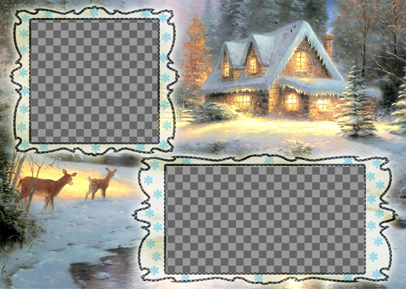 Cartão de Natal de carregamento onde você pode colocar duas fotos, fundo com uma casa nevada e um..