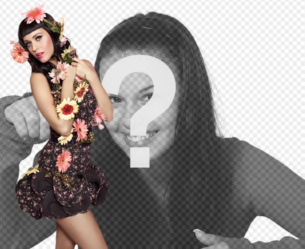 Fotomontagem com a cantora Katy Perry com flores e estilo pinup com vestido preto e cabelo preto com..