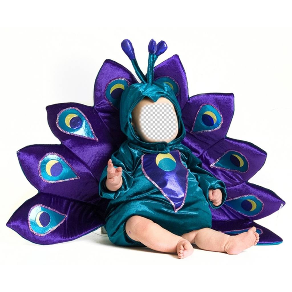 Fotomontagem de um bebê vestido como um pavão para personalizar com uma foto ..